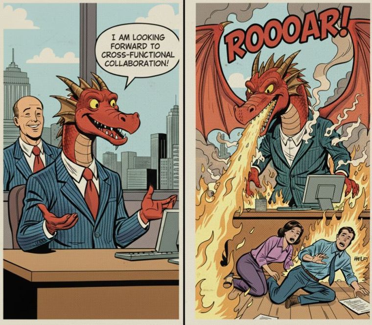 Two-panel comic: a smiling dragon promises cross-functional collaboration, then roars fire at two employees