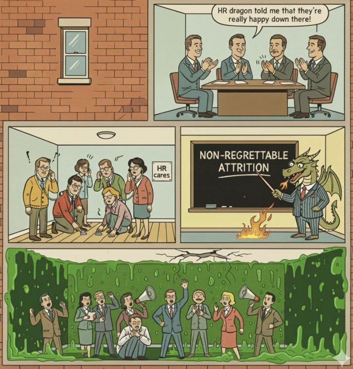 Comic cross-section: executives applaud upstairs, a dragon presents 'non-regrettable attrition', employees flood in the basement