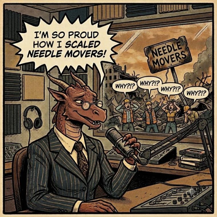 Comic: a dragon in a pinstripe suit brags on a podcast about scaling 'needle movers' while workers in the rubble behind ask why
