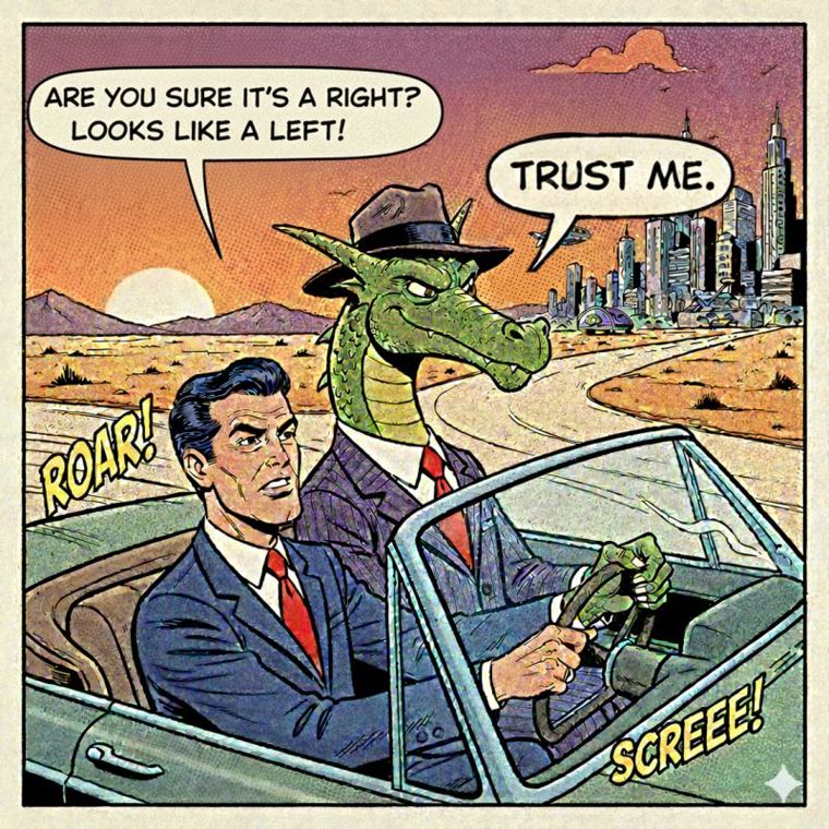 Comic: a dragon in a fedora drives a convertible off course, telling his passenger 'Trust me'
